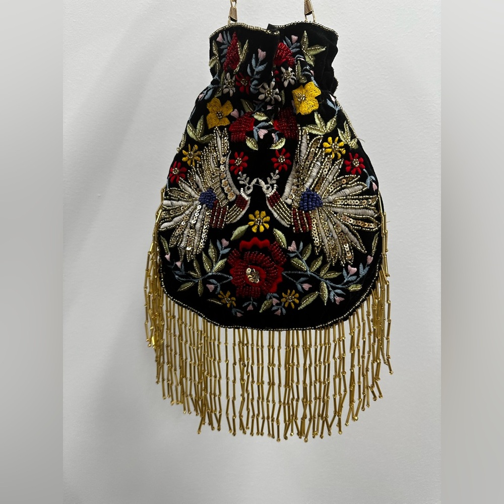 RAMLA Designer Embroidered Beaded Floral Evening Bag Clutch Flapper Fringe Purse